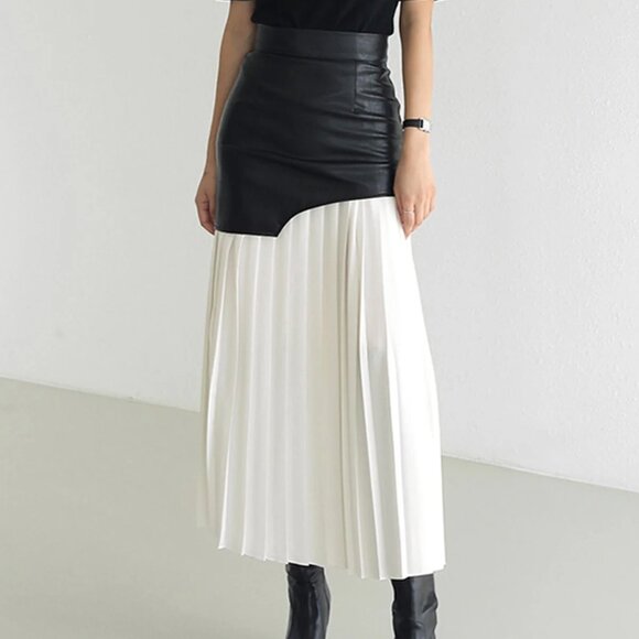Commense Dresses & Skirts - NWT Commense Women Asymmetric Patchwork Faux Leather Chiffon Pleated Maxi Skirt